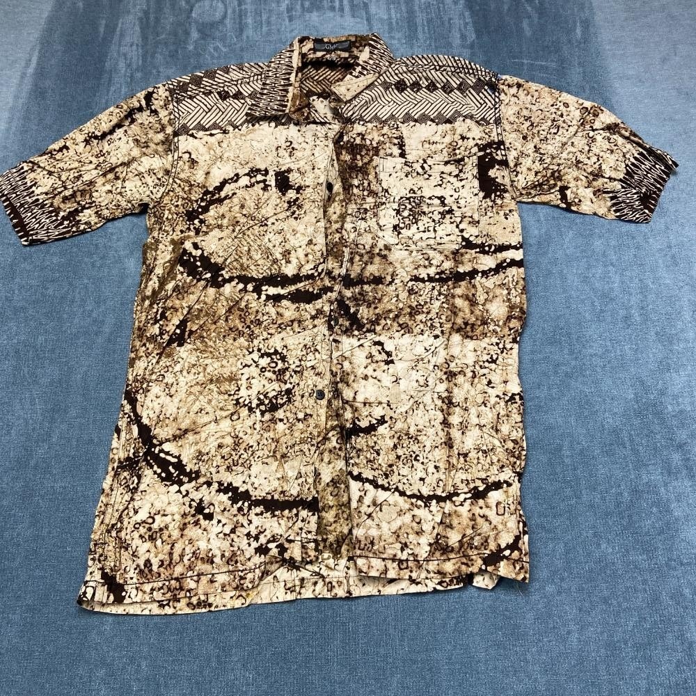 GMK Shirt Mens 2XL Brown Beige Aztec Print Pockets Streetwear Beach Button Up